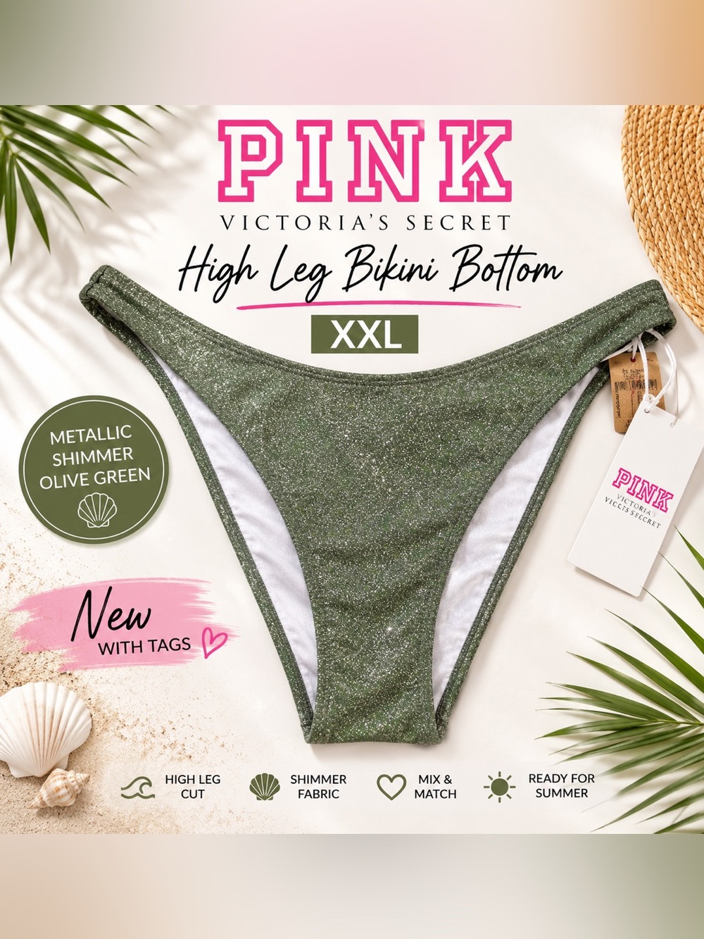 Victoria’s Secret PINK Olive Green Metallic Shimmer High Leg Bikini Bottom NWT